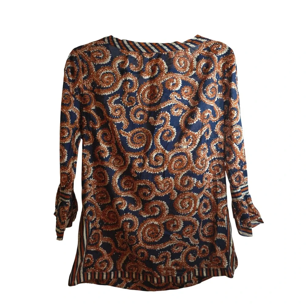 Tory Burch‎ Blue Orange Paisley Print Tunic Top Blouse Size 8